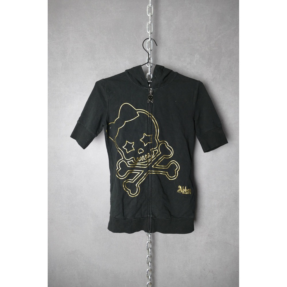 Abbey Dawn Black Skull Graphic Short Sleeve Zip Up Hoodie Womens Medium